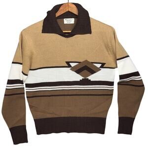 Greentree Vintage 70s Tan Brown Stripe Collar Pullover Sweater Men Large